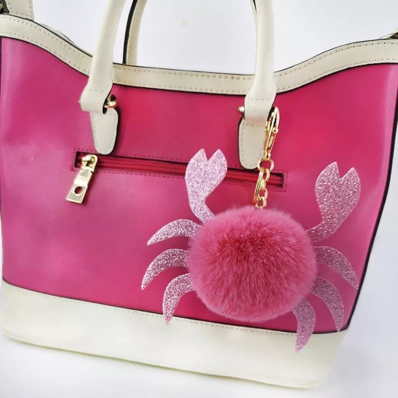 Blue Crab Pom Pom with Pink Glitter Claws Keychain Charm - Picture 8 of 12